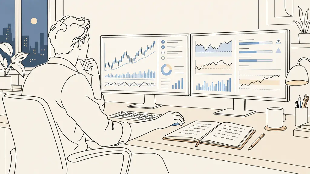 Futures trader reviewing an evaluation workflow on two monitors, risk journal open beside the keyboard, evening home office