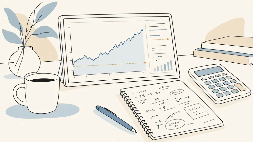 Futures risk dashboard showing an equity curve and liquidation threshold, calculator beside a handwritten position sizing sheet, no visible branding