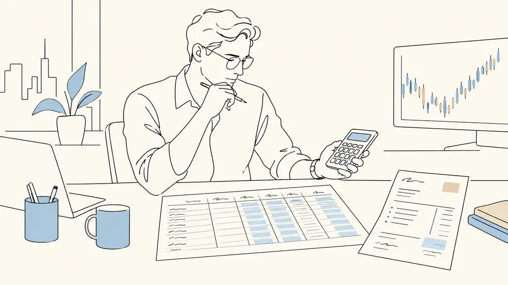 Trader checking a calculator beside a spreadsheet with separate fee columns and a market data invoice, no readable text or logos