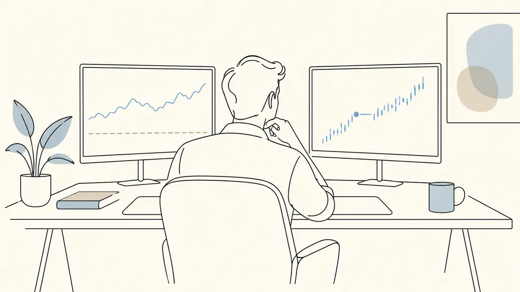 Trader comparing a 100000 euro account curve, a 95000 euro loss threshold and an open position showing unrealized profit on two monitors, no readable text or logos