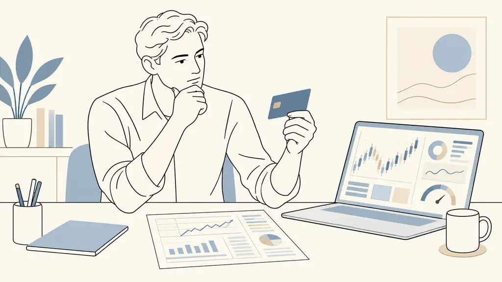 trader comparing a bank card, a risk management spreadsheet and a simulated trading account dashboard on a desk, editorial photography, no text, no logo