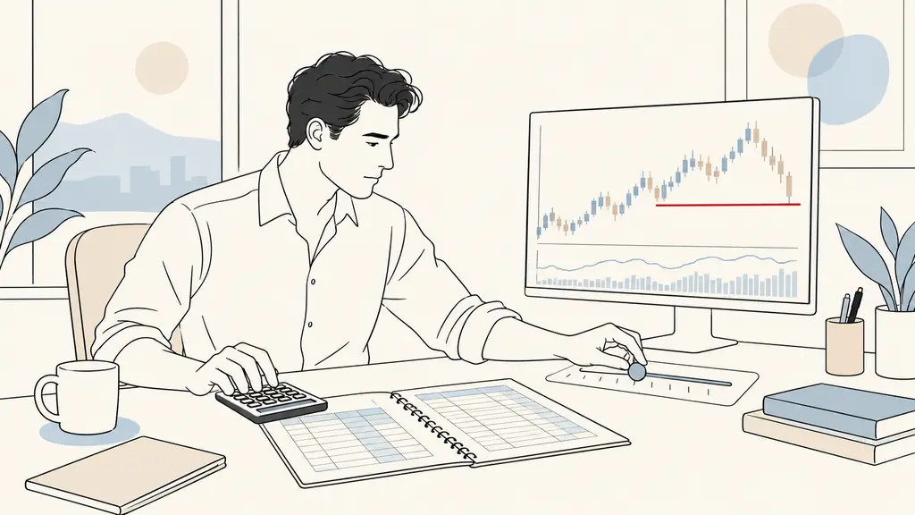 trader adjusting position size with a calculator beside a risk spreadsheet and a trading dashboard showing a red loss-limit bar, editorial photography, no text, no logo