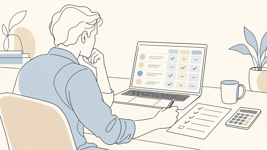 trader comparing several prop firm offer rows on a laptop, checking a paper checklist beside a calculator, no readable text or logos