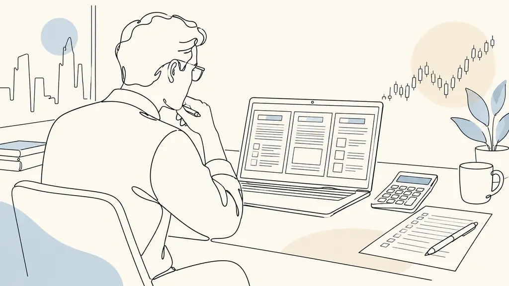 trader cross-checking three official rule pages on a laptop beside a calculator and a handwritten total-cost worksheet, no readable text or logos